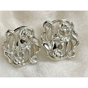 Vintage Karu Arke Earrings Silver Tone Metal Art Nouveau Revival Flowers 1"